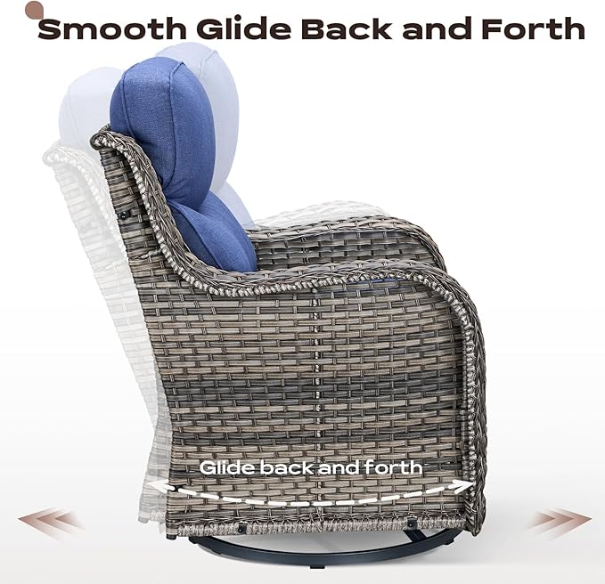 Rilyson Wicker Outdoor Patio Furniture Set - 4 Piece Patio Conversation Set with Swivel Rocker Chairs and Ottomans, 6 inch Cushions, High Back, Deep Seating, for Porch Deck Garden Mixed Grey/Blue