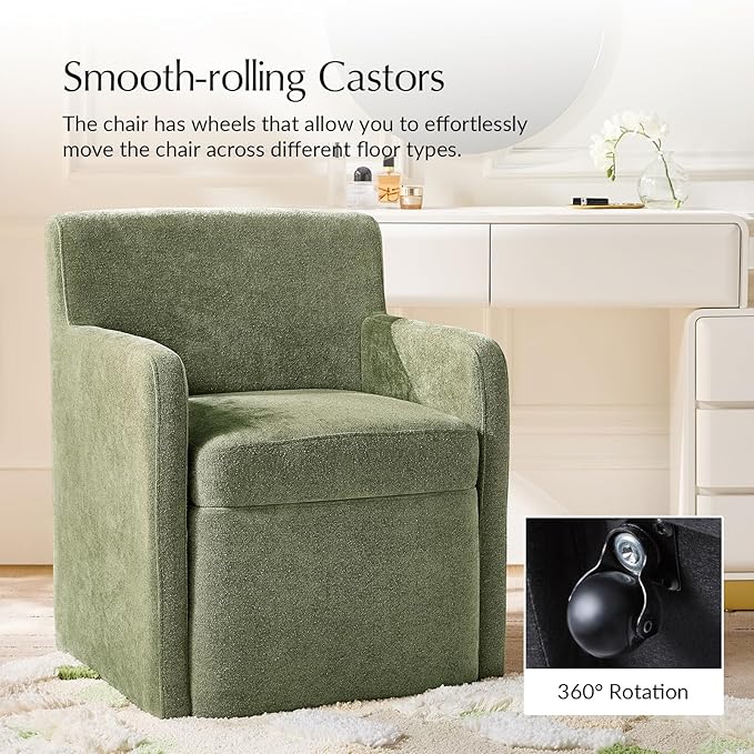 HULALA HOME Upholstered Dining Chair Set of 2 with Smooth-roling Castors, Modern Fabric Side Dining Room Chairs with Built-in Storage, Multi-Purpos Kitchen Chairs for Living Room, Moss