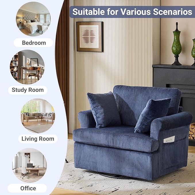 Karl home Swivel Accent Chair Set of 2, 39" Oversized Armchair W/2 Pillows and 4 Pockets,Modern Corduroy Barrel Chairs,Comfy Single Sofa for Living Room,Reading,Bedroom and Office-Dark Blue