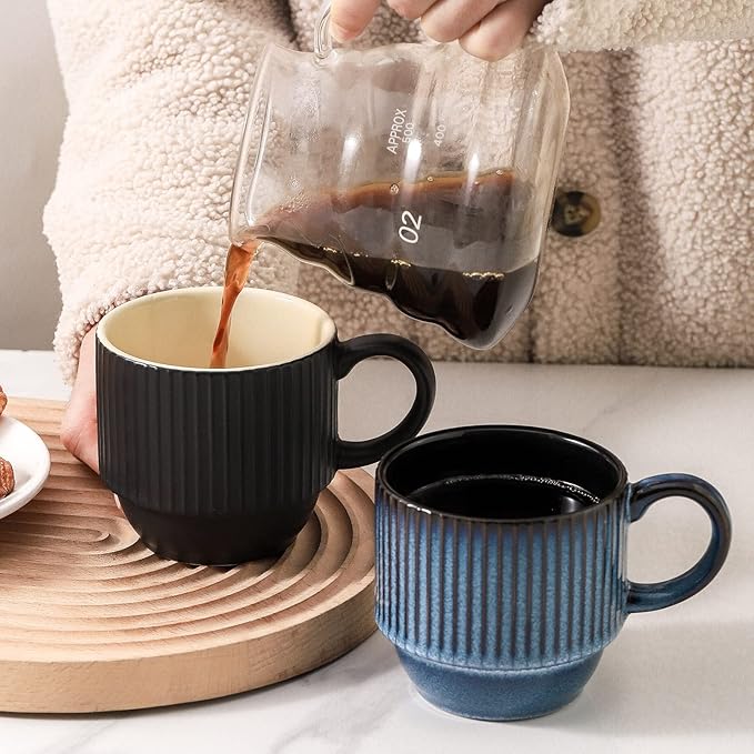 Hasense Black Coffee Mug Porcelain Set of 4 with Rack - 12 oz Stackable Coffee Cups Ceramic, Modern Ribbed Latte Cup Sets for Cappuccino, Tea, Espresso, Hot Cocoa, Drinks - Dishwasher & Microwave Safe