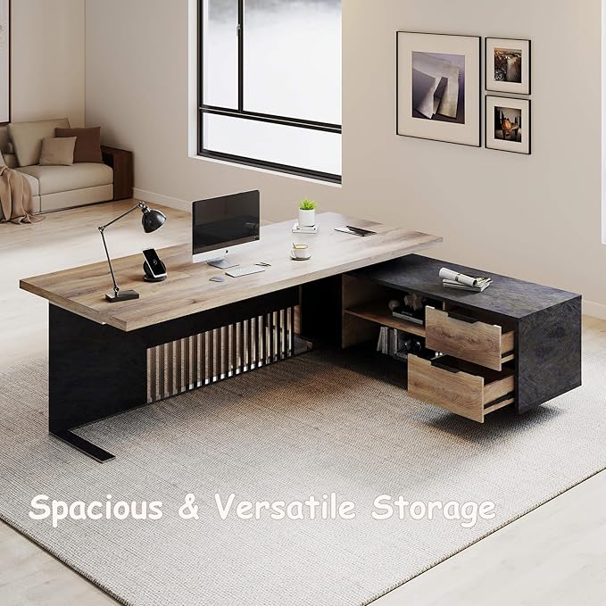 78.7 Inch Large Executive Desk with Drawers Cabinet, L Shaped Office Desk, Computer Desk with Universal Charging Ports and Cable Management for Business Furniture Set Workstation for Home Office
