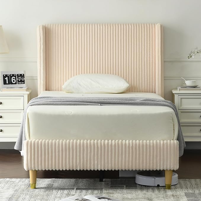 PINJU Twin Size Bed Frame, Upholstered Platform Bed with Modern Vertical Striped Wingback Headboard with Wooden Slats, Easy to Assemble No Noise Free (Beige, Twin)