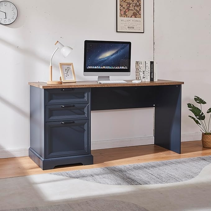 60" Farmhouse Executive Desk with Charging Station,Home Office Desk with 2 Drawers &1 File Cabinet,Fluted Computer Desk for Office and Home (Blue)