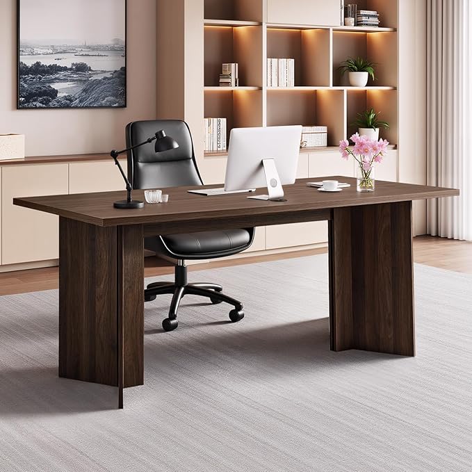 VEVOR 63 in Executive Desk, Large Modern Rectangle Office Table, Heavy Duty Wooden Executive Table with Cable Connection Hole, 250 LBS Load Capacity, Easy Assembly, for Work Study Writing, Walnut
