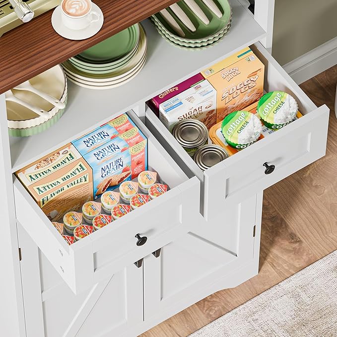 SUPER DEAL Farmhouse Storage Cabinet, Bathroom Floor Cabinet Kitchen Pantry with Doors and Drawers, Hutch Cupboard for Laundry, Living Room, Bedroom, White