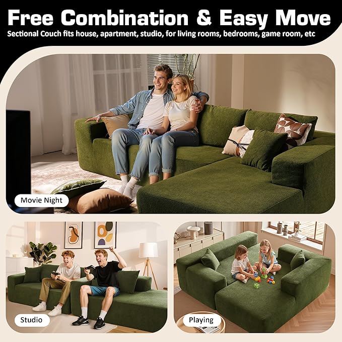 106" Cloud Sectional Couch with Chaise Lounge,L Shaped Modular Modern Sofa,Comfy Velvet Fluffy Couches with Deep Seat,No Assembly Required Couch for Living Room (Right,Cloudy Velvet,Green)