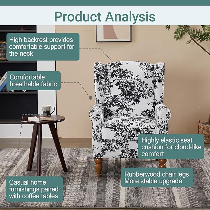 ZMAD Accent Chair, Upholstered High Back Floral Armchair Wood Legs, Comfy Wingback Reading Single Sofa Chair,Plus a Solid Wood Coffee Table for Small Spaces, Living Room, Bedroom (Antique White+Gray)