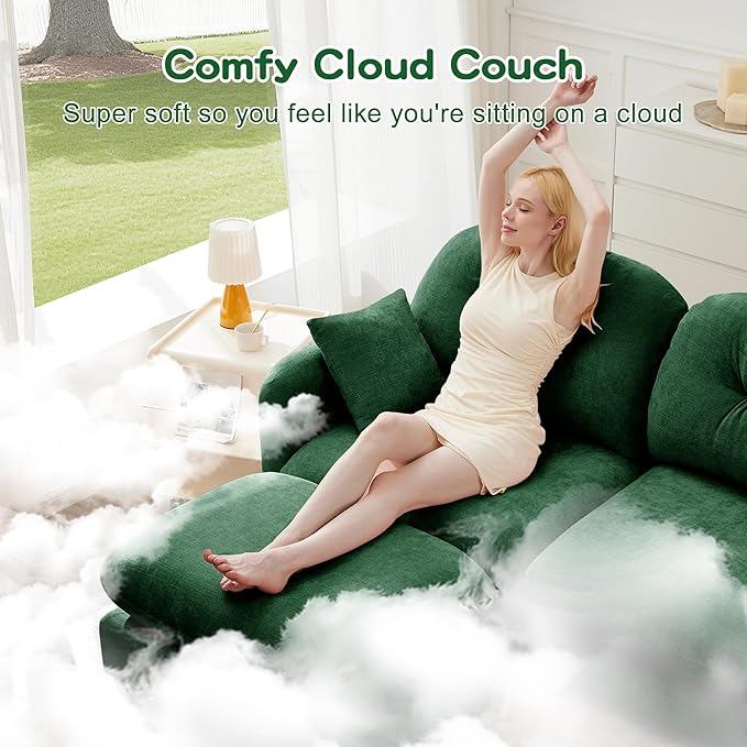 74" Loveseat L Shaped Sofa with Ottoman, Comfy Chenille Fabric Cloud Sectional Couch, Modern Upholstered Deep Seat Sofa with Armrest Pillow, Cloud Couch for Small Spaces Apartment, Green