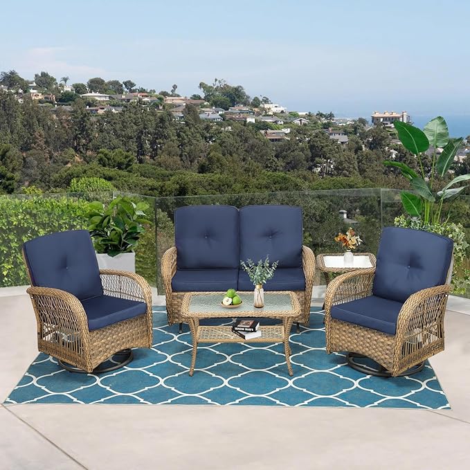 VIVIJASON 5-Piece Outdoor Patio Wicker Conversation Sets, All Weather Outdoor Rattan Furniture Set Includes Glider Loveseat, 2 Coffee Table, 2 Swivel-Gliders Chairs with Cushions, Navy Blue