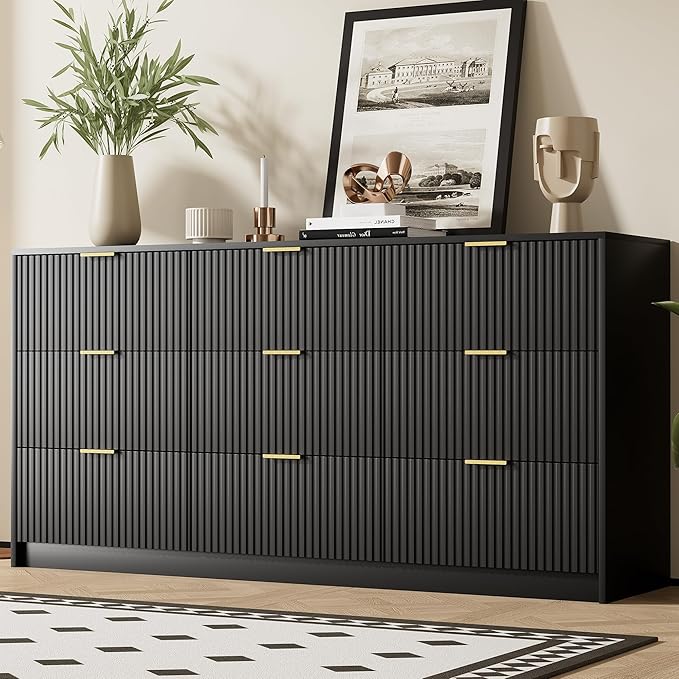 Black Dresser for Bedroom, Modern Dresser with 9 Drawers and Smooth Slides, Wide Chest of Drawers with Golden Handles for Bedroom, Living Room, Closet, 15.7" D x 63" W x 31.5" H