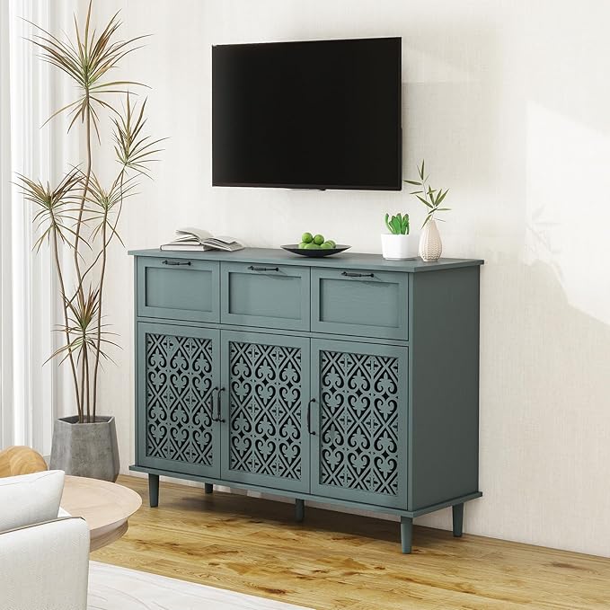 Sideboard Buffet Cabinet with Storage - Accent Storage Cabinet with Carved Pattern, Modern 3 Door 3 Drawer Cabinet, Farmhouse Wood Credenza for Living Room, Dining Room (Green)