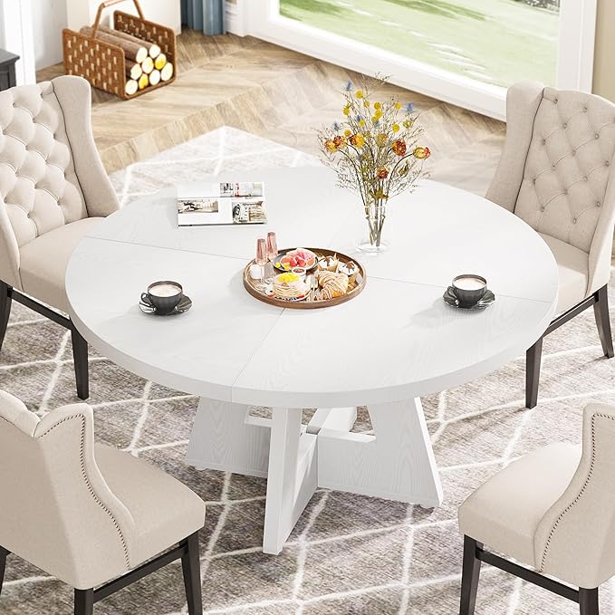 Tribesigns Round Dining Table for 4, 47 inch Farmhouse Circle Kitchen Table with Wooden Pedestal Base for Kitchen, Dining Room, Living Room (White)