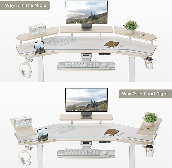 EUREKA ERGONOMIC Standing Desk with Keyboard Tray, Large Music Studio Gaming Desk, Wing Shaped Sit Stand Table 72'', LED Convertible Shelves, Dual Motor&Slot, Maple