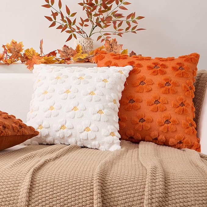 Kevin Textile Fall Floral Pillow Covers 18x18 Inch Set of 2 Cute Flowers Embroidery Decor Soft Plush Faux Fur Throw Pillows Pillowcases for Holiday Harvest Decor Sofa Couch Bedroom, Orange