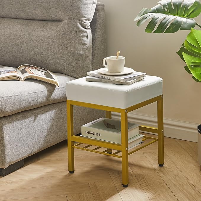 IBUYKE Square Makeup Stool with Adjustable Feet and Storage Space, Footrest Chair, PU Vanity Seat, Multi-Use as Small Side Table or Ottoman, for Bedroom, White LG-60W