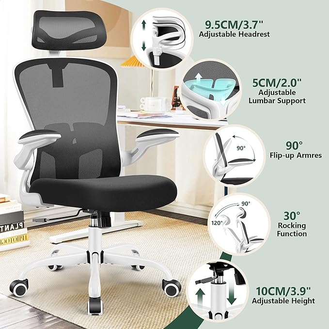 FelixKing Office Chair with Headrest, Home Office Desk Chairs with Flip-Up Armrests, Adjustable Height Ergonomic Office Chair Lumbar Support, Mesh Backrest Computer Chair (White)