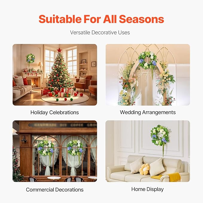 VEVOR Spring Wreath for Front Door 24 Inch - Artificial Hydrangea Wreath with Peonies, Year-Round All Season Outdoor Indoor Decor (Blue White Green Summer Floral)