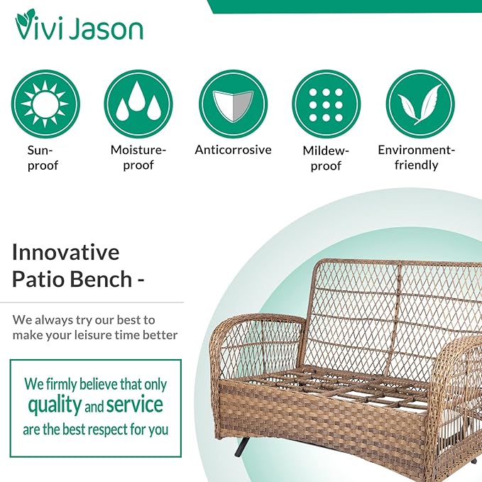 VIVIJASON 7-Piece Outdoor Patio Wicker Conversation Sets, All Weather Outdoor Rattan Furniture Set Includes Glider Loveseat, 2 Rocking Chairs, 2 Swivel-Gliders Chairs, 2 Coffee Table, Light Brown
