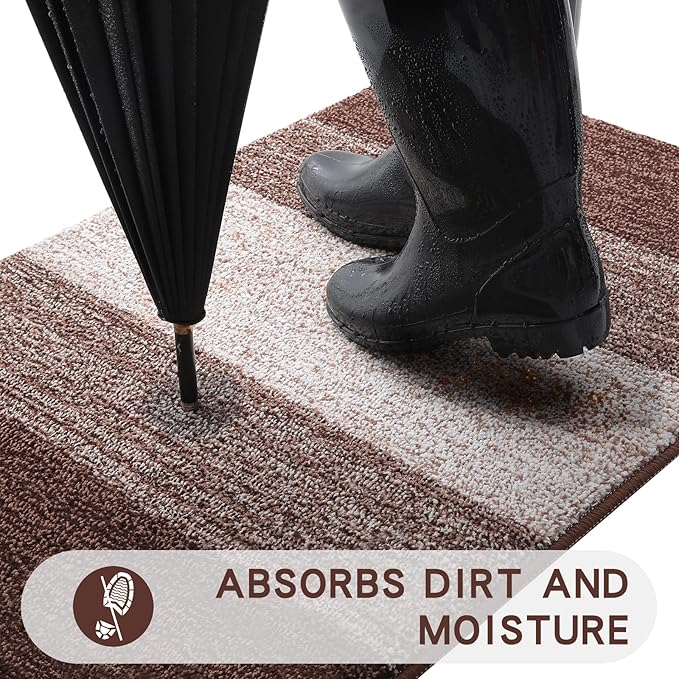 Kitinjoy Indoor Outdoor Door Mat, 47x24 Non-Slip Absorbent Dirt Trapper, Low-Profile Washable Inside Entrance Front Floor Mat, Sturdy Soft Entry Doormats for Entryway, Brown