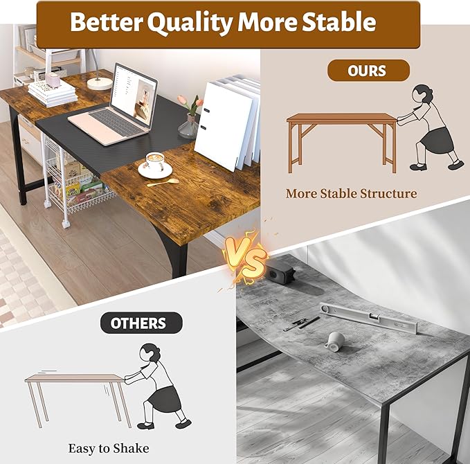 AZN Computer Desk, 55in Computer Desk, Gaming Office Desk w/Carbon Fiber Tabletop, Gaming Office Desk w/Sturdy Metal Frame, Home Office Desks w/Large Legroom for Game Work Study Writing,RusticBrown