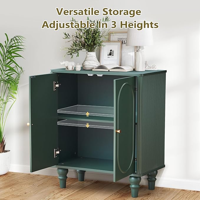 ORRD Fluted Storage Cabinet, Modern Credenza Wooden Accent Sideboard Buffet Cabinet with Adjustable Shelves and Solid Wood Legs, Console Table for Kitchen Dining Living Room Entryway, Green