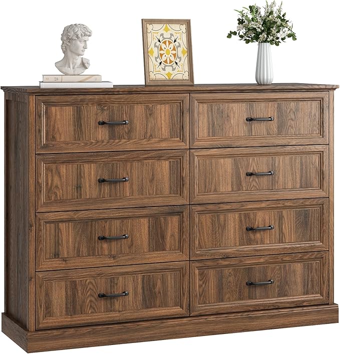 CARPETNAL Farmhouse 8 Drawer Dresser for Bedroom, 55 Inch Wide Modern Brown Dresser TV Stand with Large Drawers & Bar Handles, Rustic Wood Chest of Drawers for Bedroom, Living Room, Hallway, Entryway.