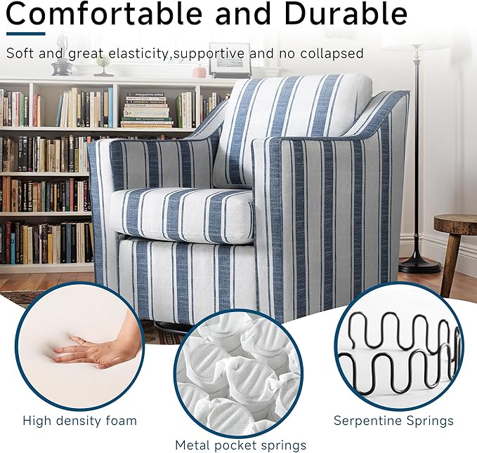 Pia Ricco Set of 2 Oversized Modern Striped Fabric Swivel Accent Chairs with Removable Covers, Living Room Reception Set,Navy