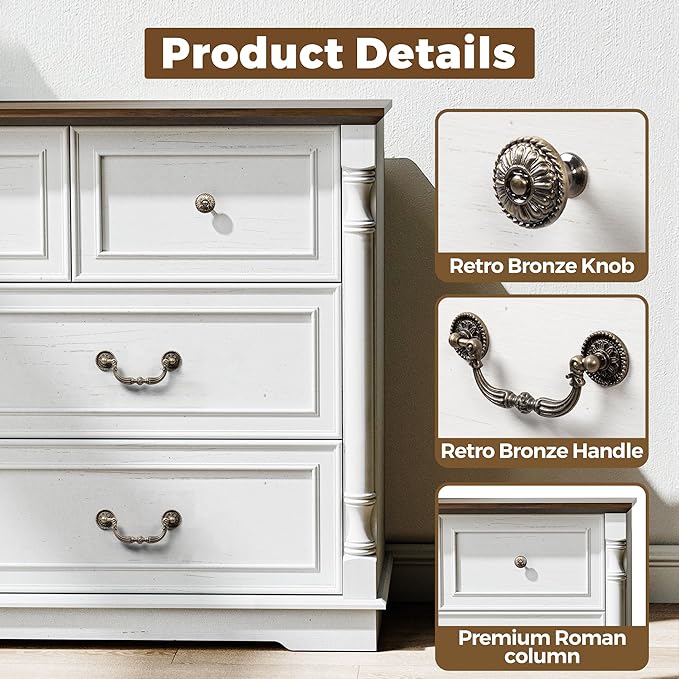 Farmhouse 7 Drawer Dresser for Bedroom, 52" Wide Rustic Chest of Drawers with Retro Handle, White Dresser with Natural Texture, Wood Vintage TV Stand for Living Room, Hallway, Antique White