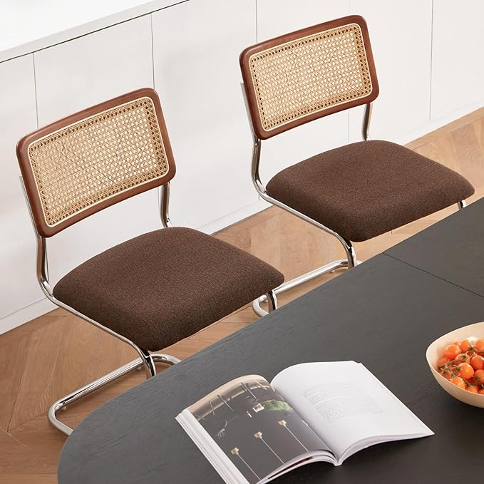 Brown Rattan Dining Chairs Set of 4,Wooden Mid-Century Modern Kitchen Chairs, Mesh Back Cane Dining Room Chairs, Cesca Chair with Metal Chrome Legs