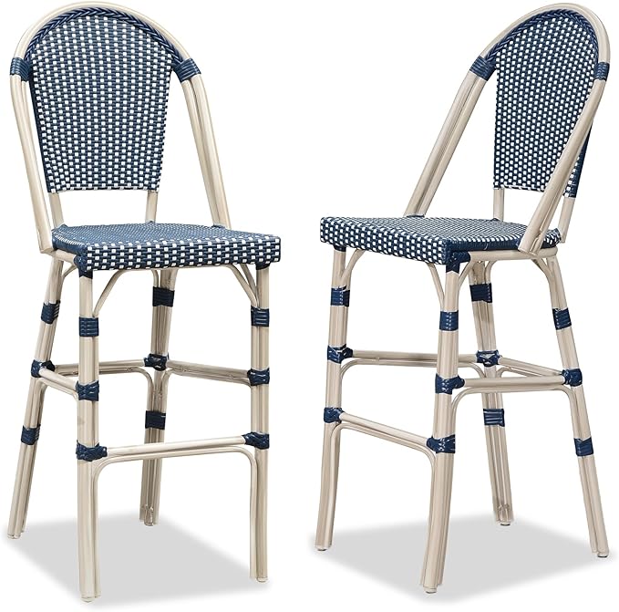 PURPLE LEAF French Bar Stool Set of 2 White Print Finish Patio Bar Stools with Back Rattan Chairs Wicker Bar Height Stool 30" with Footrest Kitchen Island Stools Outdoor Barstool Royal Blue