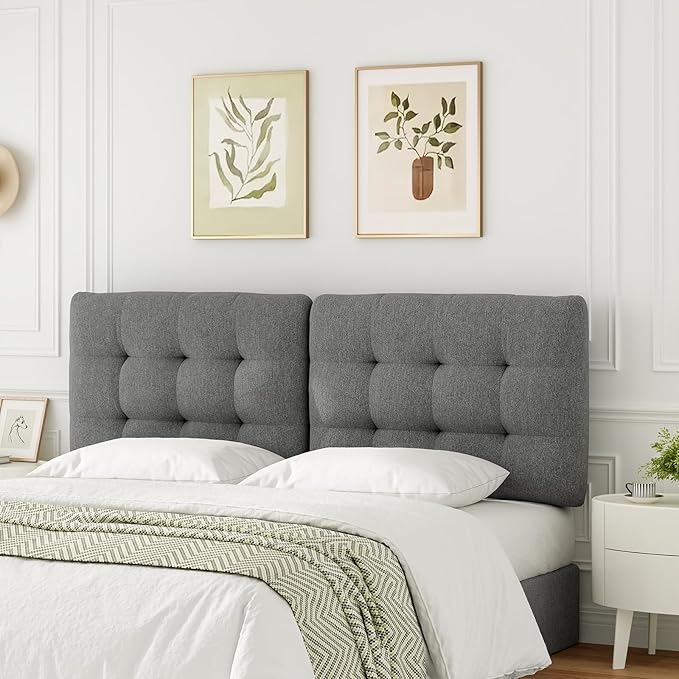 Tufted Upholstered King Headboard, Adjustable Height King Size Headboard Only from 39”to 44” with Durable Solid Wood Legs, Modern Button Diamond Fabric Head Board with Width Adapters, Grey