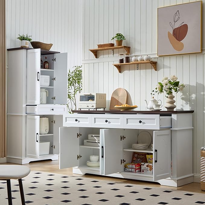 63" White Buffet Sideboard Cabinet with 4 Doors and 3 Drawers, Modern Farmhouse Kitchen Storage Cabinet, Coffee Bar Cabinet with Adjustable Shelves, Living Room Storage, Dining Room