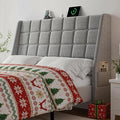 Ergonomic Upholstered Headboard Queen Size w/Charging Station, Linen Wingback Headboards w/Storage Pocket, Queen Headboard Only, Bed Frame Adapters, Sturdy Stable Solid Wood Bed Head Board, Light Grey