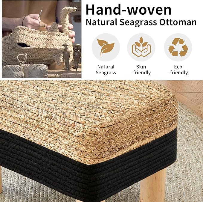 Ottoman Foot Stool Rectangular Footrest Natural Seagrass Footstool with Wooden Legs Hand Weave Multifunctional Modern Dressing Stool, Sofa Side Table for Bedroom for Living Room (Black)