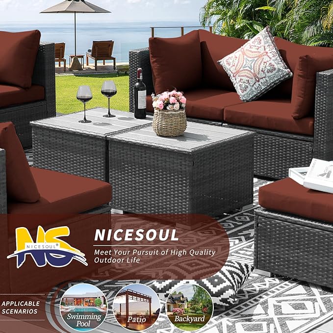 NICESOUL 7 Pieces Modern Luxury 29.3'' High Back Outdoor Furniture Sofa Set, Extra Large Size Grey PE Wicker Patio Modular Sectional with Tables, All-Weather Rattan Conversations for Backyard, Wine