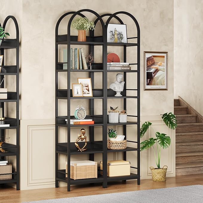 Tribesigns 6-Tier Open Bookshelf, 78.7" Tall Arched Bookcase Narrow Bookshelf with Metal Frame, Freestanding Corner Bookcase Display Shelves for Living Room, Home Office, Black