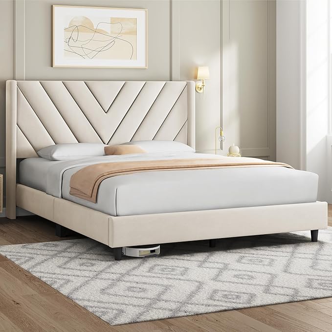 Yaheetech Queen Bed Frame Upholstered Platform Bed with Wing Side/Wooden Slat Support/Tufted Headboard with Wing Side/Mattress Foundation/No Box Spring Needed,Beige Queen Bed