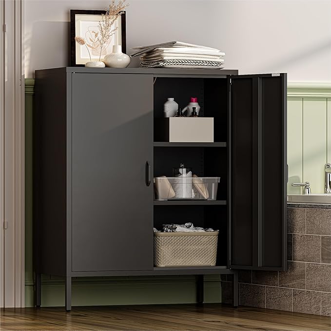 Metal Locker Storage Cabinet with 2 Doors and 4 Shelves，39.96" Tall Steel Office Cabinet,Bathroom Floor Locker，for Office,Home,Garage,Gym,School (Black)
