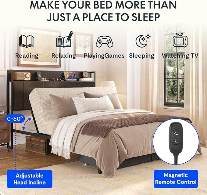 FLEXISPOT BF21Q Adjustable Bed with Storage Headboard and Charging Station, LED Light, Fabric Storage Drawers, Durable and Sturdy, No Box Spring Required, Easy Assembly.