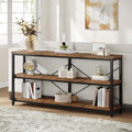Tribesigns 55-Inch Industrial Sofa Table, 3-Tier Console Table with Metal Frame and Open Shelves, Modern Decorative Shelf, Open TV Shelf for Living Room, Entryway, Hallyway (Brown and Black)