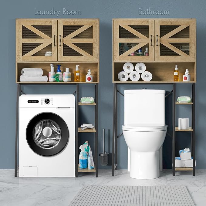 Extra Tall Over The Toilet Storage Cabinet with Side Storage, Modern Bathroom Space-Saving Organizer with Barn Doors, Sturdy Over-Toilet Shelf Unit for Bathroom