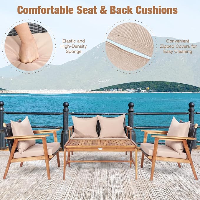 COSTWAY 4 Pieces Acacia Wood Patio Conversation Set, Outdoor Wicker Sofa with Coffee Table & Cushions, Patio Rattan Furniture Set for Yard, Porch, Poolside, Balcony, Backyard, Beige