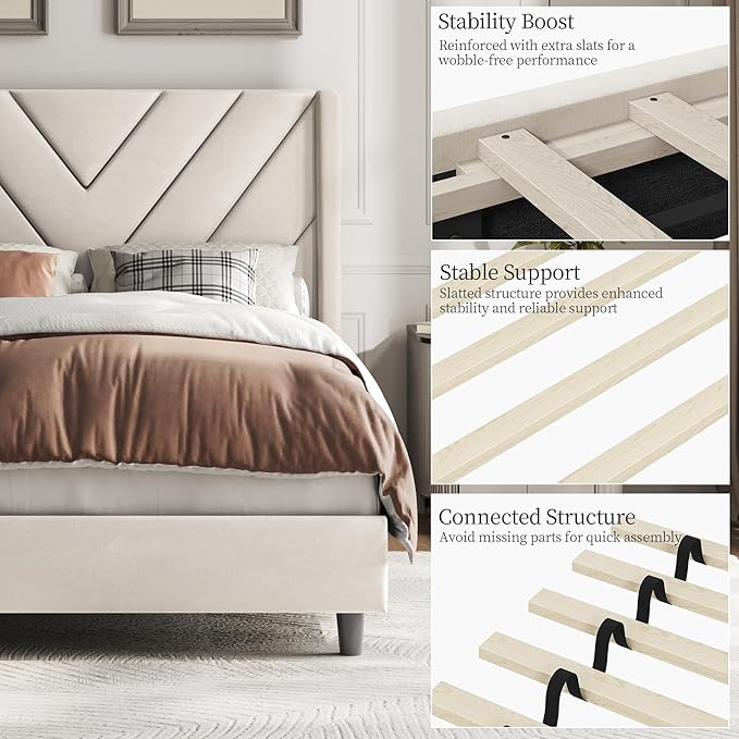 Yaheetech Twin Bed Frame Upholstered Platform Bed with Wing Side/Wooden Slat Support/Tufted Headboard with Wing Side/Mattress Foundation/No Box Spring Needed,Beige Twin Bed