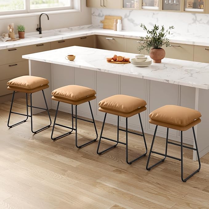 VASAGLE Bar Stools Set of 4, Counter Height Bar Stools, Leather Counter Stools Barstools with Soft Cushion and Metal Sled Legs, 25.6 Inches Bar Height Bar Chairs for Kitchen Island, Caramel Brown