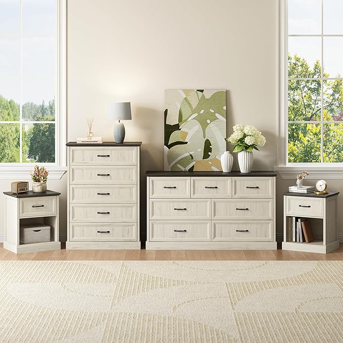 CARPETNAL Farmhouse Dresser and Nightstand Sets for Bedroom, 4 Pcs Bedroom Set, 5 Drawer & 7 Drawer Dresser and Nightstand Set of 2, Wood Chest of Drawers for Living Room, Entryway, White