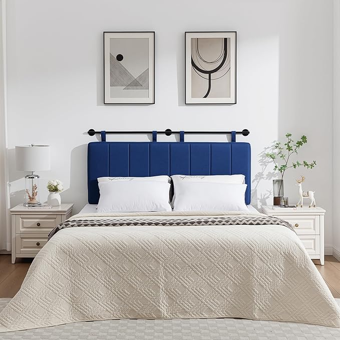 UEV King Headboard Only, Wall Mounted Hanging Upholstered Bed Head Board, Modern Vertical Channel Design of Fine Linen, Elegant Dark Blue Fluted Headboard for Bedroom (Dark Blue, King Size)