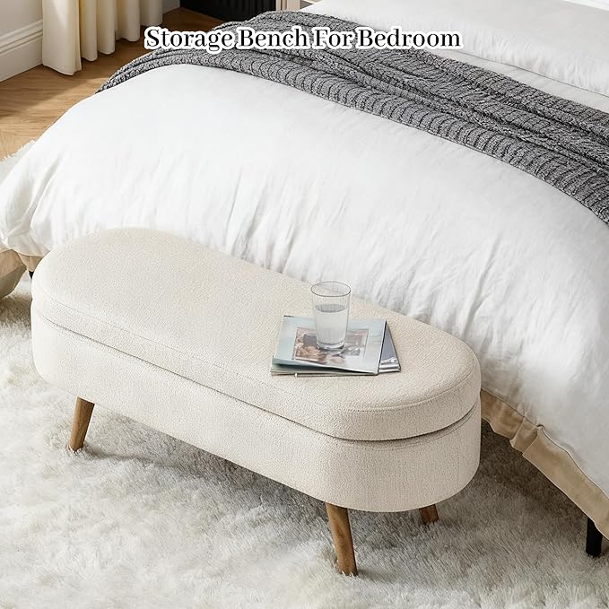 Storage Ottoman Bench 43" Ottoman Bench for Bedroom, Upholstered Boucle Fabric Footrest End of Bed with Safety Hinge Solid Wood Legs Foot Stool Storages Benches for Living Room Entryway, Beige