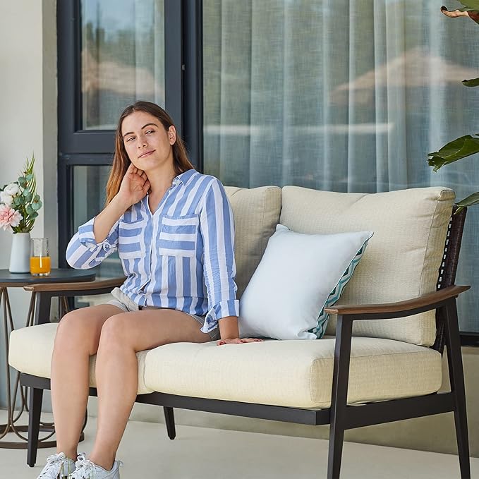 NATURAL EXPRESSIONS Patio Loveseat Sofa Outdoor Furniture Metal Chair with Wicker Backrest & 6 Inches Cushion for Indoor, Front Porch, Deck, Balcony, Backyard, 51.77"(L) x 29.75"(W) x 33.86"(H).