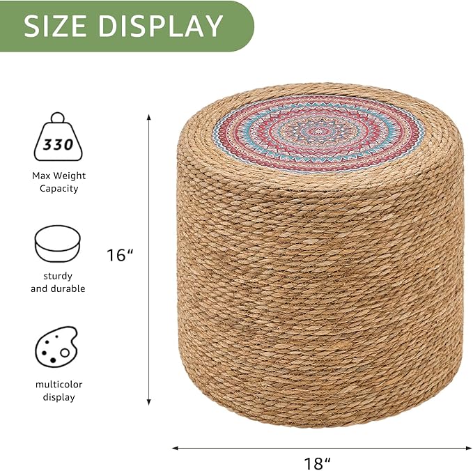 Wimarsbon 18'' Ottoman Pouf, Natural Braided Poof, Rustic Handweave Lounge Pouffe, Boho Footrest Stool for Bedroom, Accent Table for Living Room (18inch Natural Cattail-Boho Style 1)