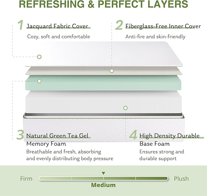 EGOHOME Cal King Size Memory Foam Mattress, 12 Inch Bed Mattress in a Box with Cooling Green Tea Gel, Relieve Pressure with Medium Support, CertiPUR-US Certified, 84''L x 72''W, White